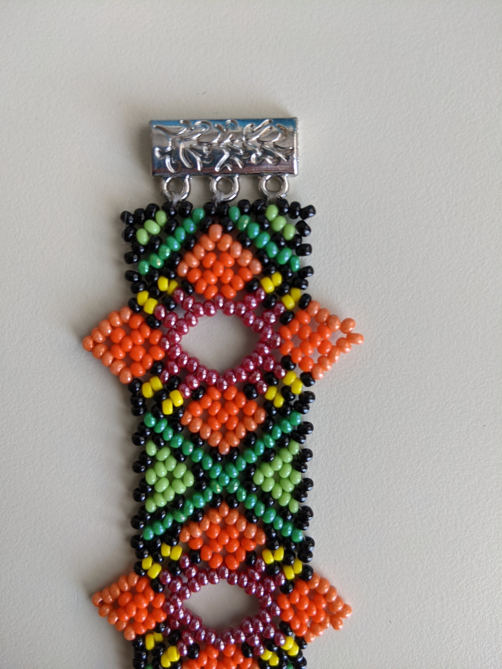 Colorful Seed Bead Bracelet — Orange & Green Geometric Design - Picture 2 of 5